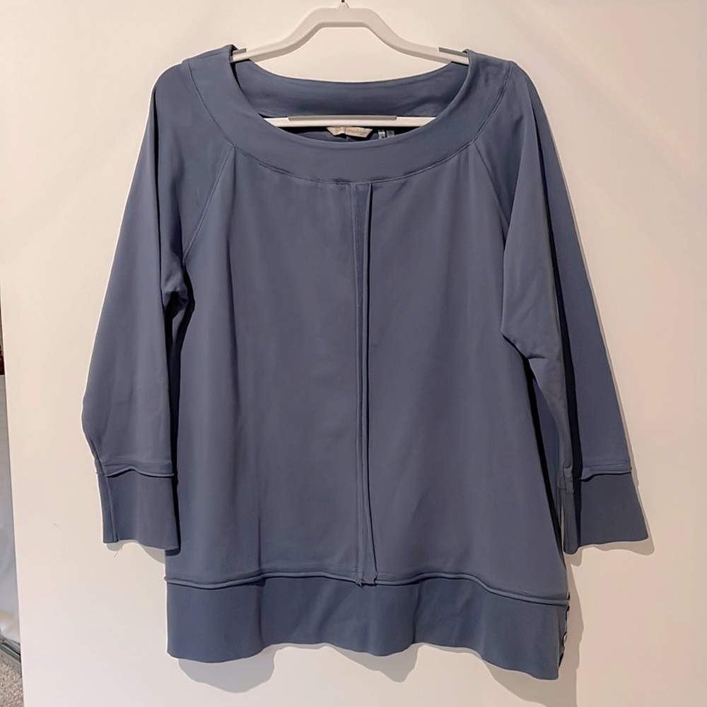 Soft Surroundings comfy dusty blue sweatshirt, snazzy buttons on the side.